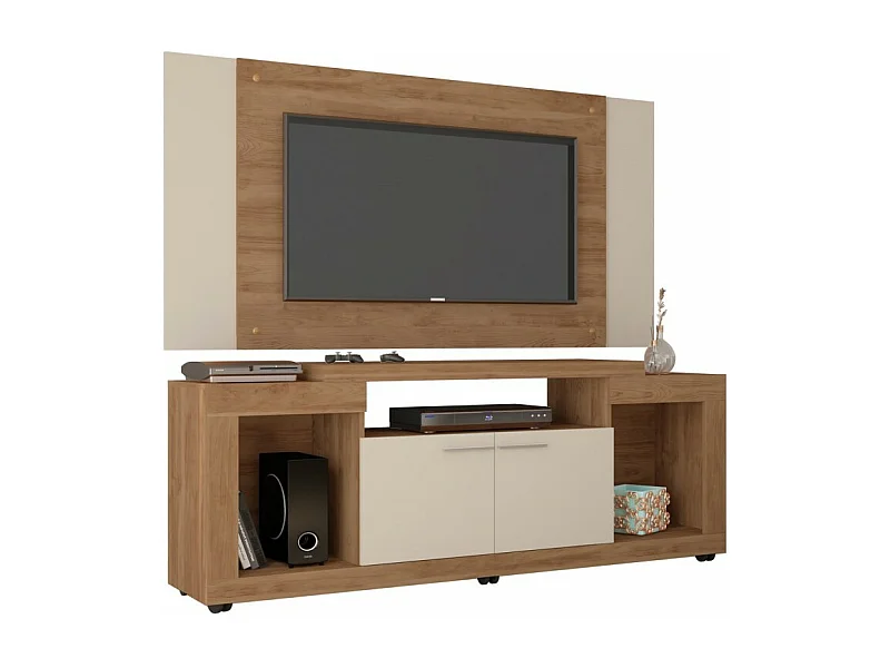 Meuble TV Mural 55 Pouces Chêne et Ecru 7 Niches L 173 H 160.5 P 38.5 cm