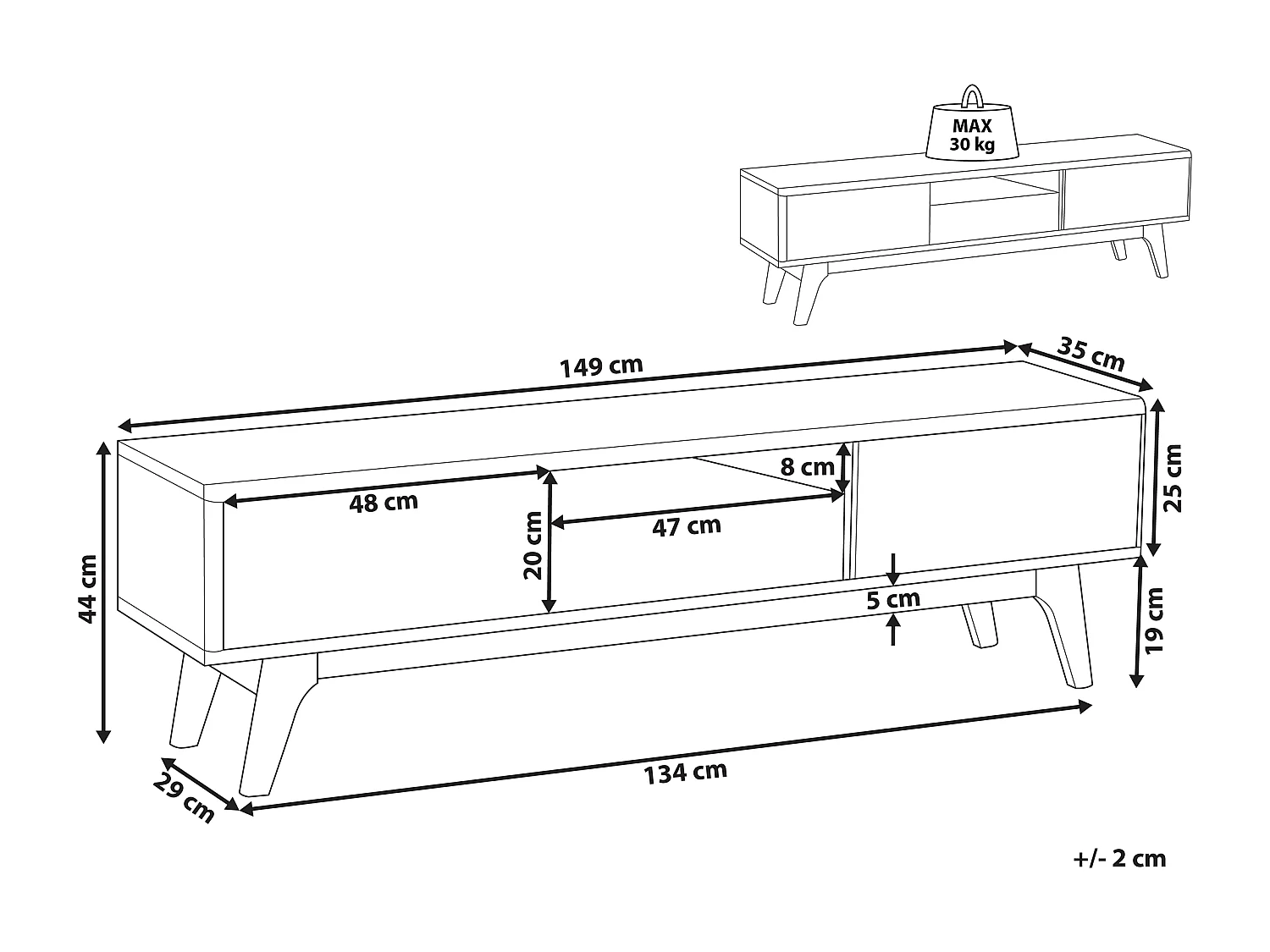 TV-Möbel Fernsehtisch 2 Schränke dunkler Holzfarbton/weiß 150 x 35 x 45 cm Eerie