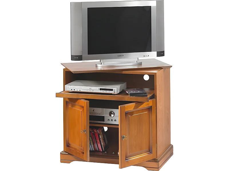 Meuble TV Plateau Pivotant 2 Portes Merisier L 82 H 77 P 46.5 cm