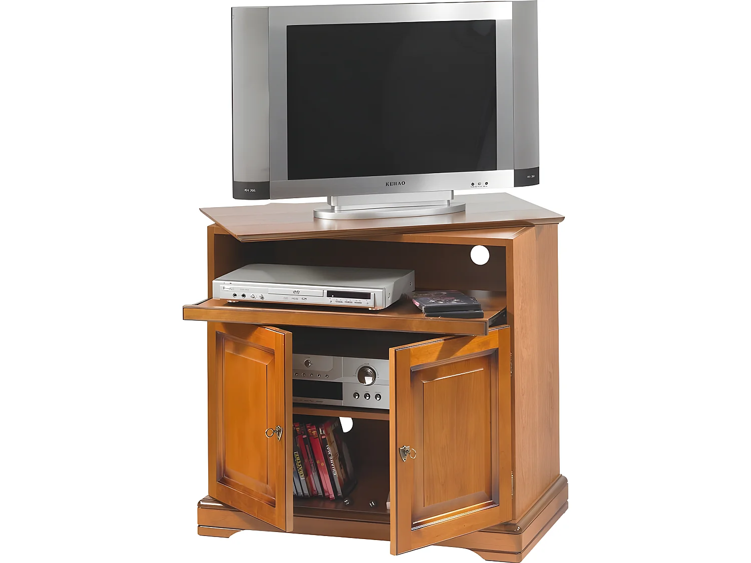 Meuble TV Plateau Pivotant 2 Portes Merisier L 82 H 77 P 46.5 cm