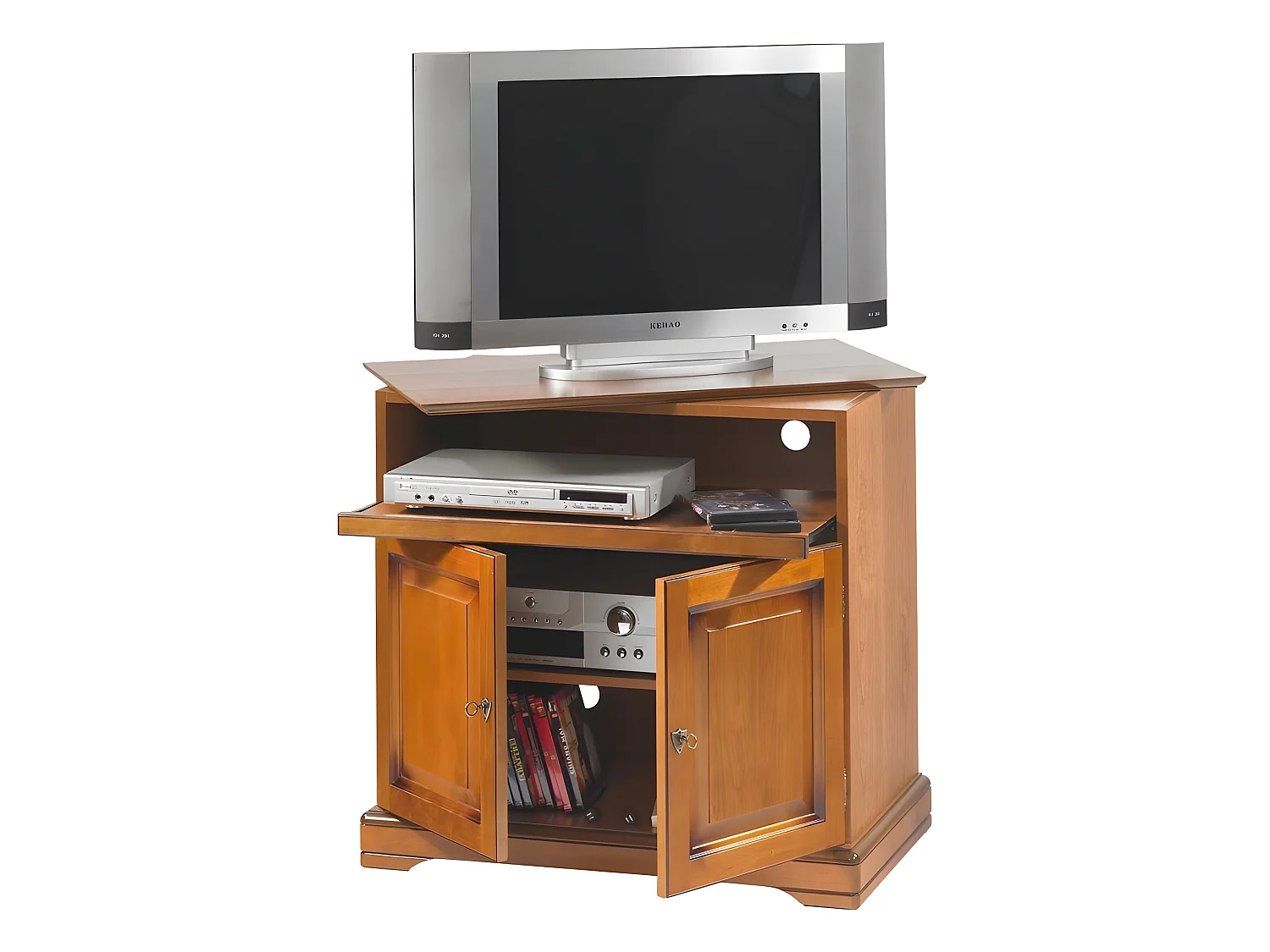 Meuble TV Plateau Pivotant 2 Portes Merisier L 82 H 77 P 46.5 cm