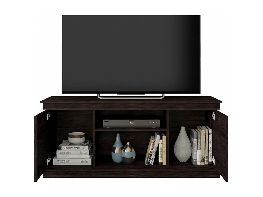 Meuble TV 55 Pouces Wengé 2 Portes 4 Niches L 136 H 54 P 45 cm