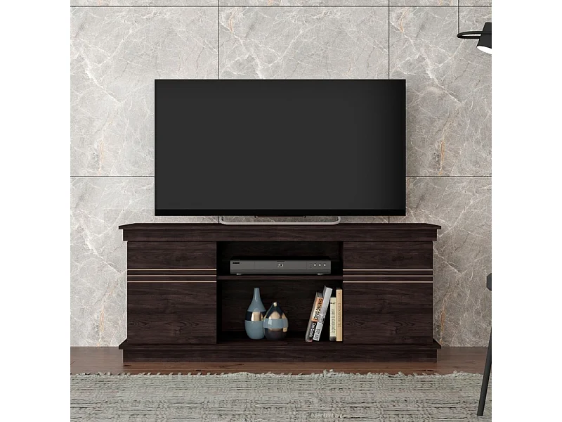 Meuble TV 55 Pouces Wengé 2 Portes 4 Niches L 136 H 54 P 45 cm