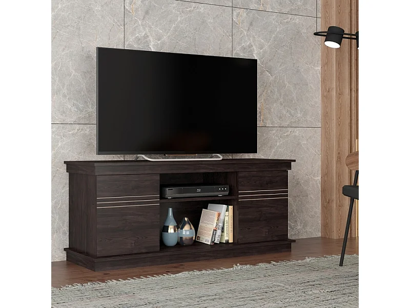 Meuble TV 55 Pouces Wengé 2 Portes 4 Niches L 136 H 54 P 45 cm