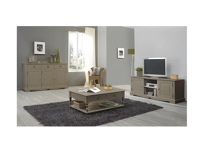 Meuble TV 60 Pouces Style Anglais Taupe 2 Portes 2 Niches 142.4 x 55.5 x 46 cm