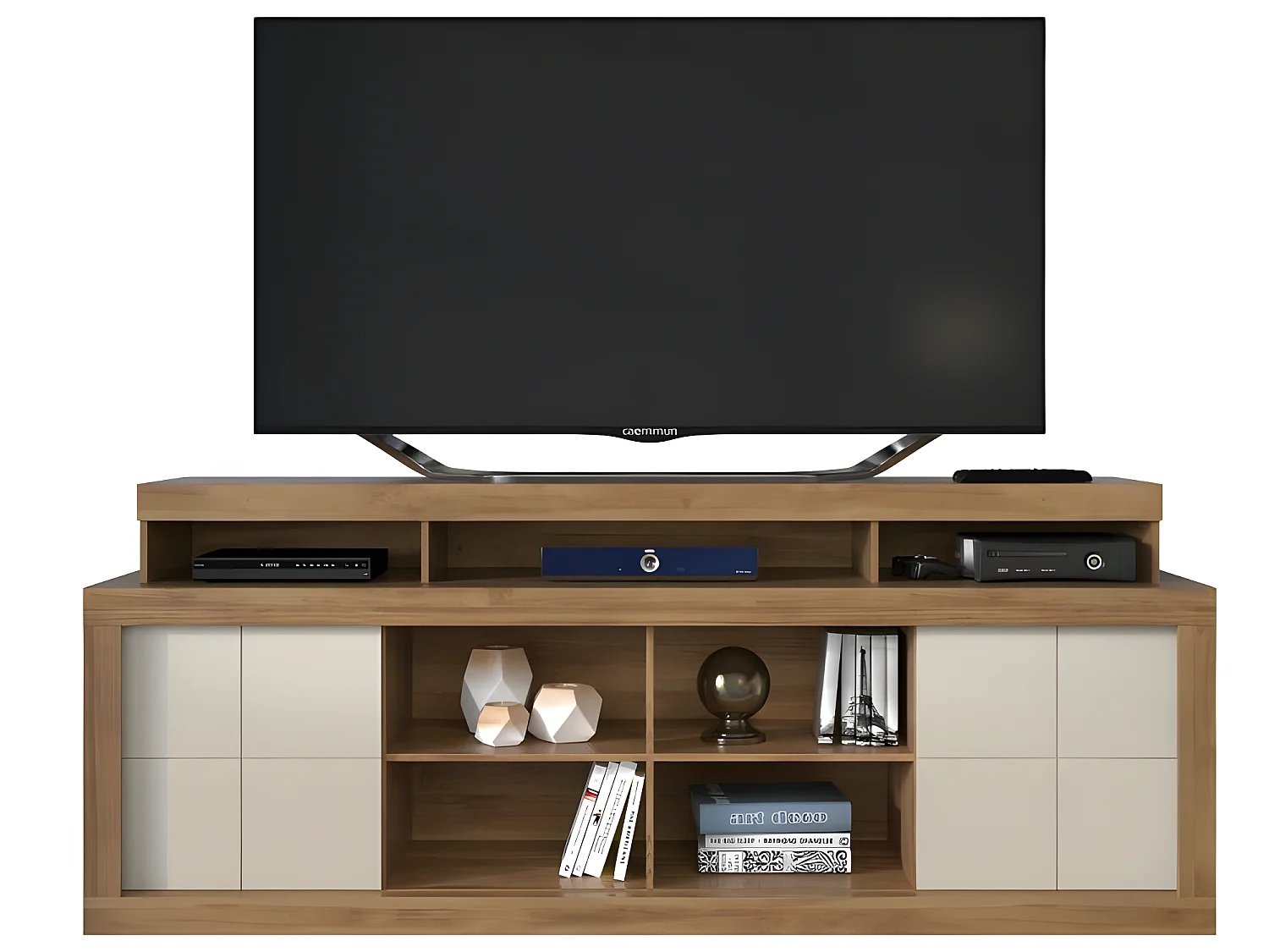 Meuble TV 180 cm TV 70 Pouces Chêne et Ecru 9 Niches