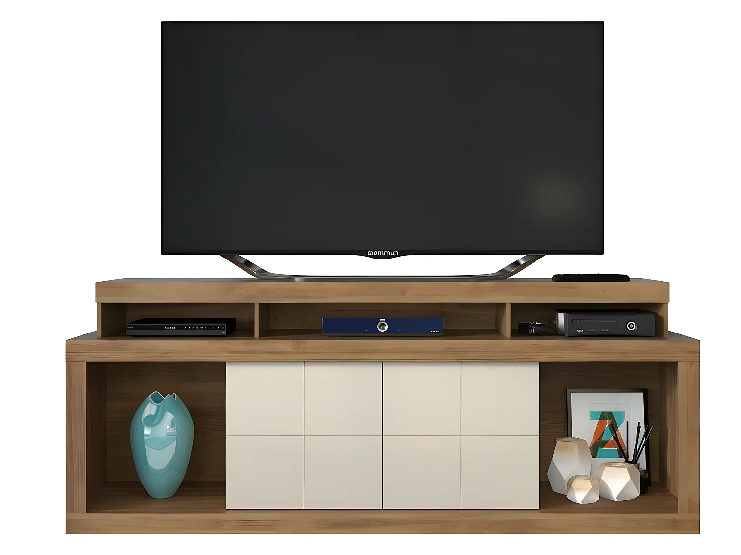 Meuble TV 180 cm TV 70 Pouces Chêne et Ecru 9 Niches