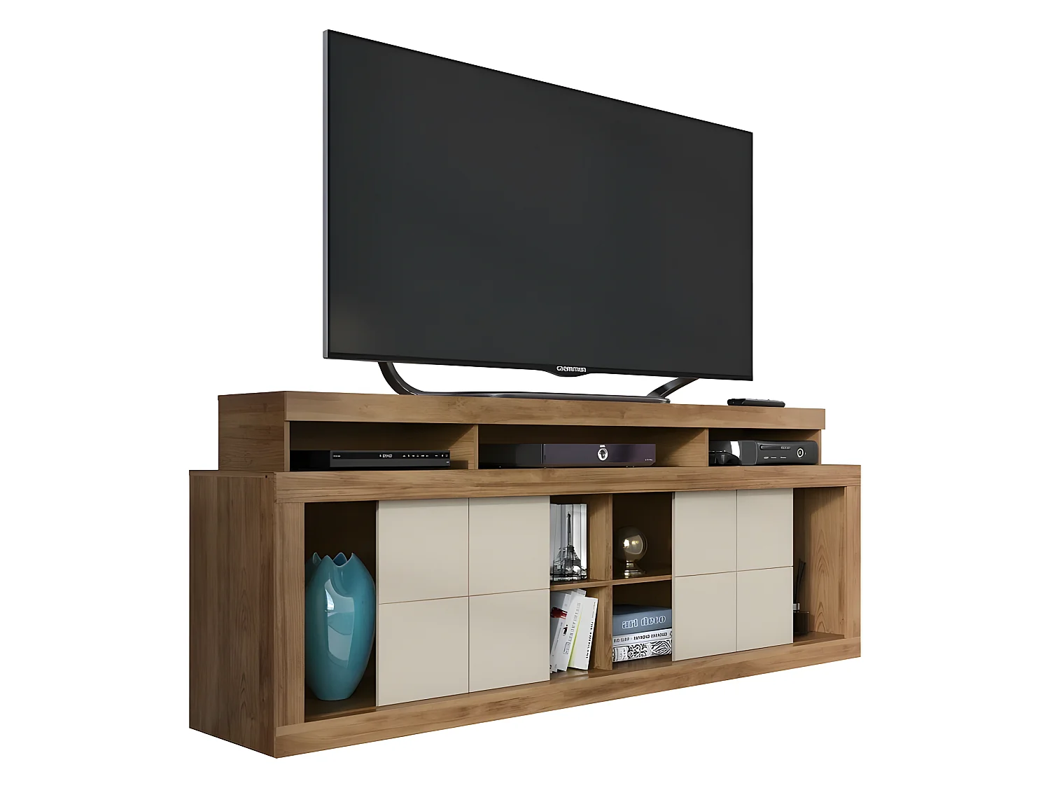 Meuble TV 180 cm TV 70 Pouces Chêne et Ecru 9 Niches