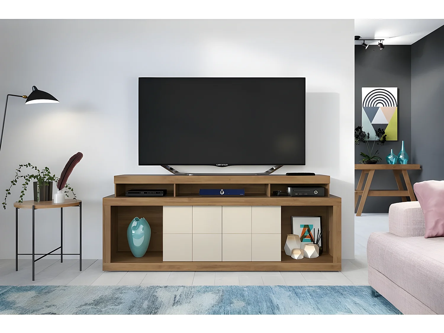 Meuble TV 180 cm TV 70 Pouces Chêne et Ecru 9 Niches