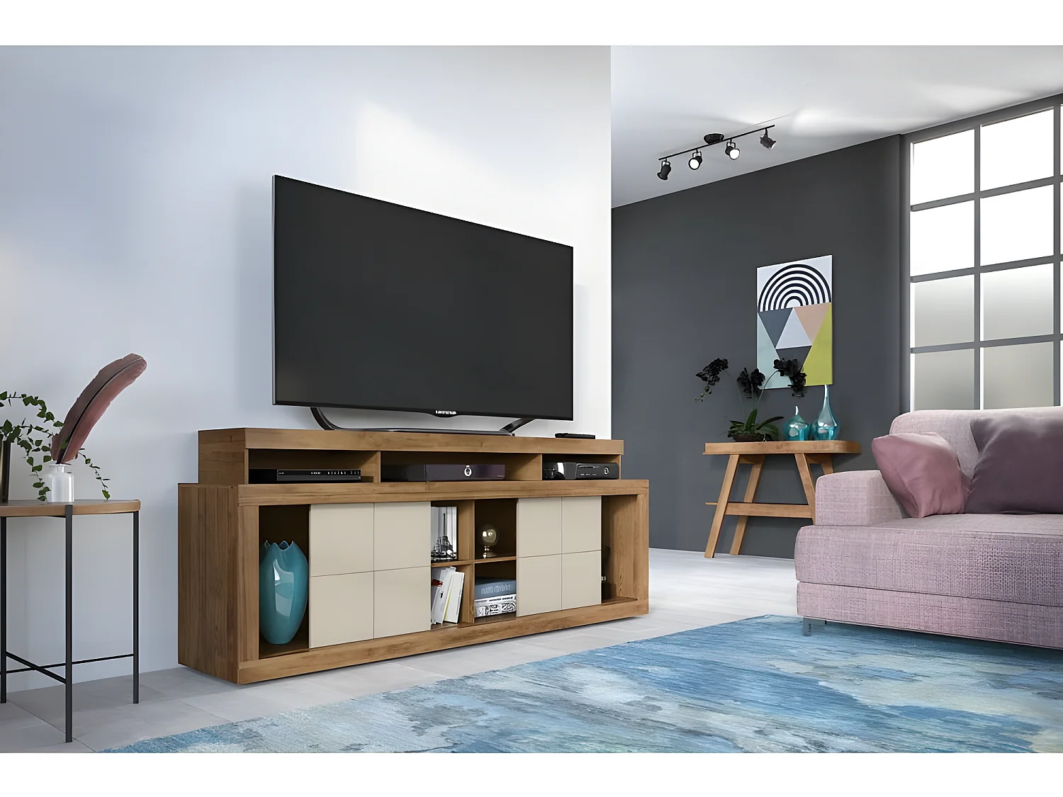 Meuble TV 180 cm TV 70 Pouces Chêne et Ecru 9 Niches