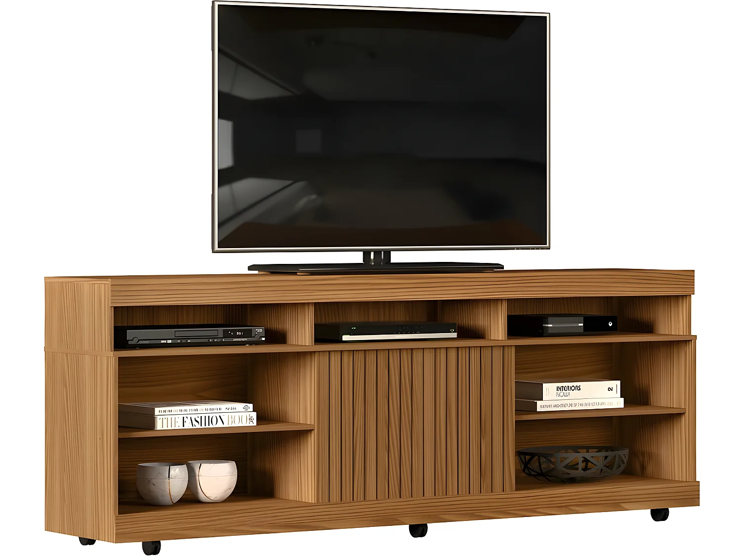 Meuble TV 65 Pouces Maxi Chêne 8 Niches 6 Roulettes 180,4 x 63,7 x 36,9 cm
