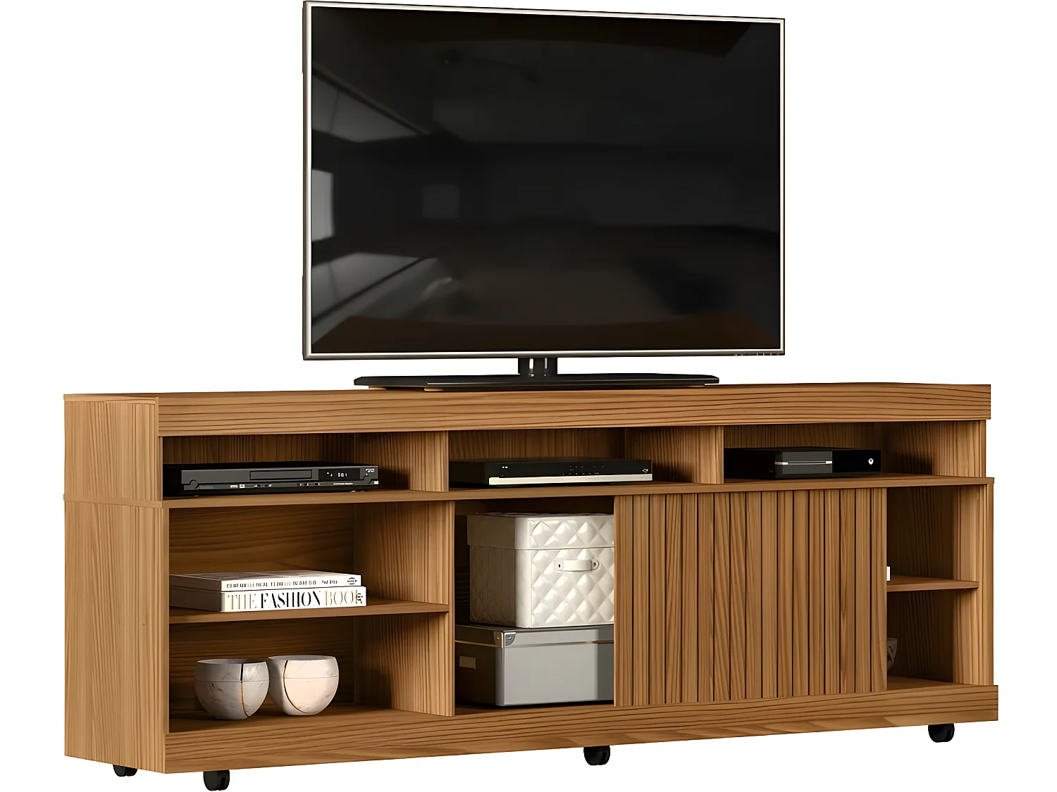 Meuble TV 65 Pouces Maxi Chêne 8 Niches 6 Roulettes 180,4 x 63,7 x 36,9 cm
