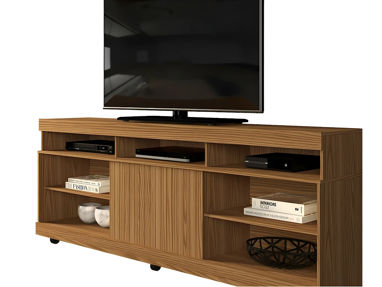 Meuble TV 65 Pouces Maxi Chêne 8 Niches 6 Roulettes 180,4 x 63,7 x 36,9 cm