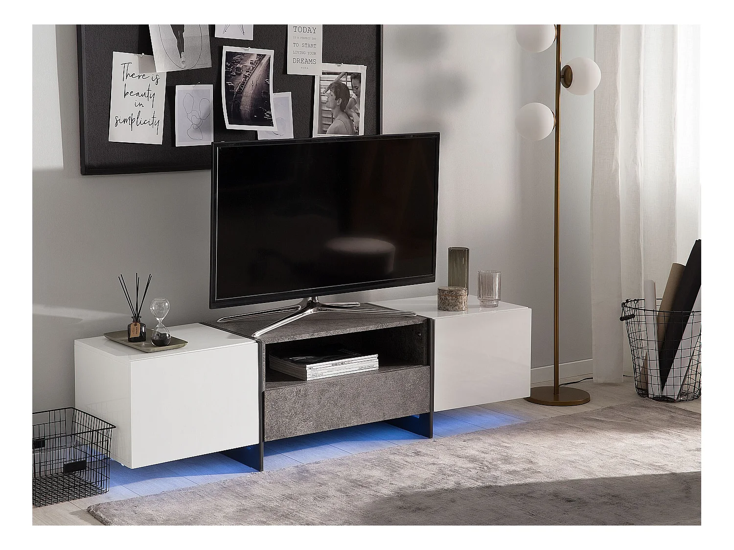 TV-Schrank weiß / Betonoptik mit LED-Beleuchtung Schublade 2 Schränken Russel