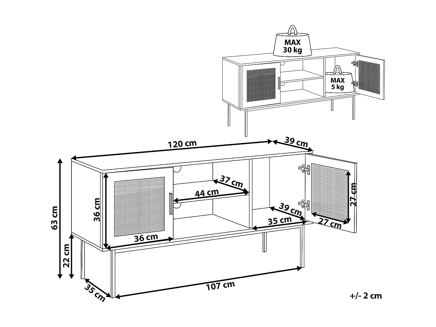 TV-Möbel heller Holzfarbton Rattan-Türen offenes Fach schwarze Metallbeine Pasco