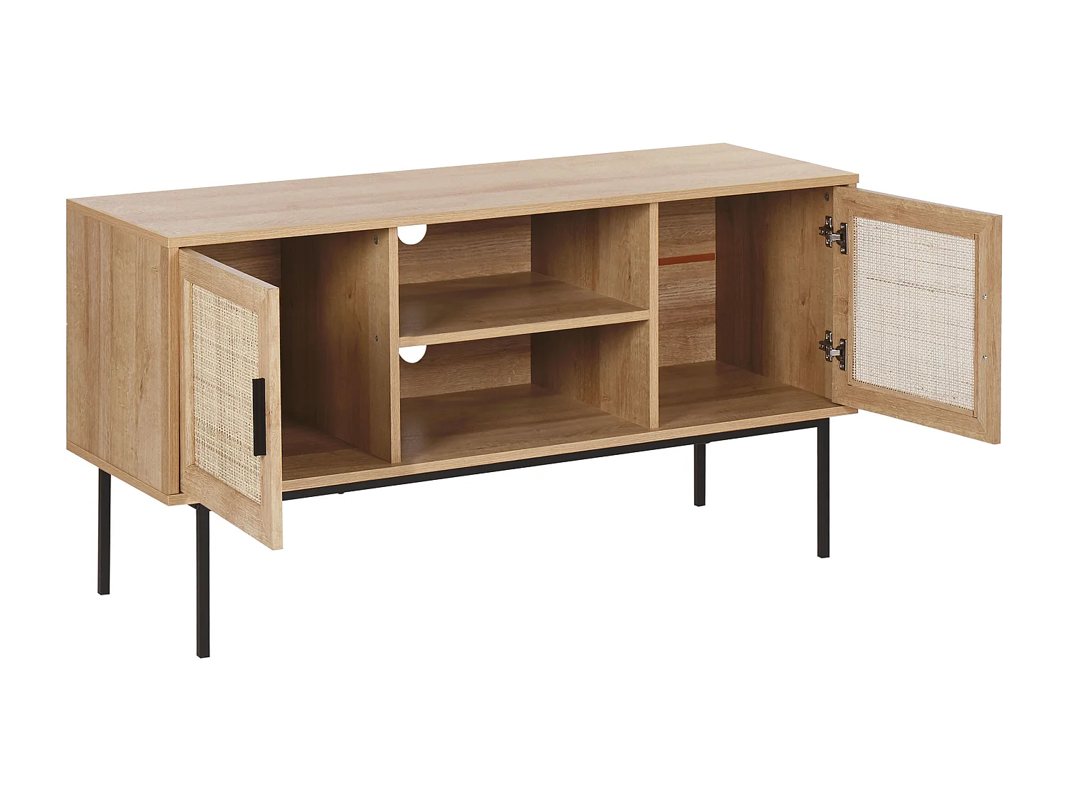 TV-Möbel heller Holzfarbton Rattan-Türen offenes Fach schwarze Metallbeine Pasco