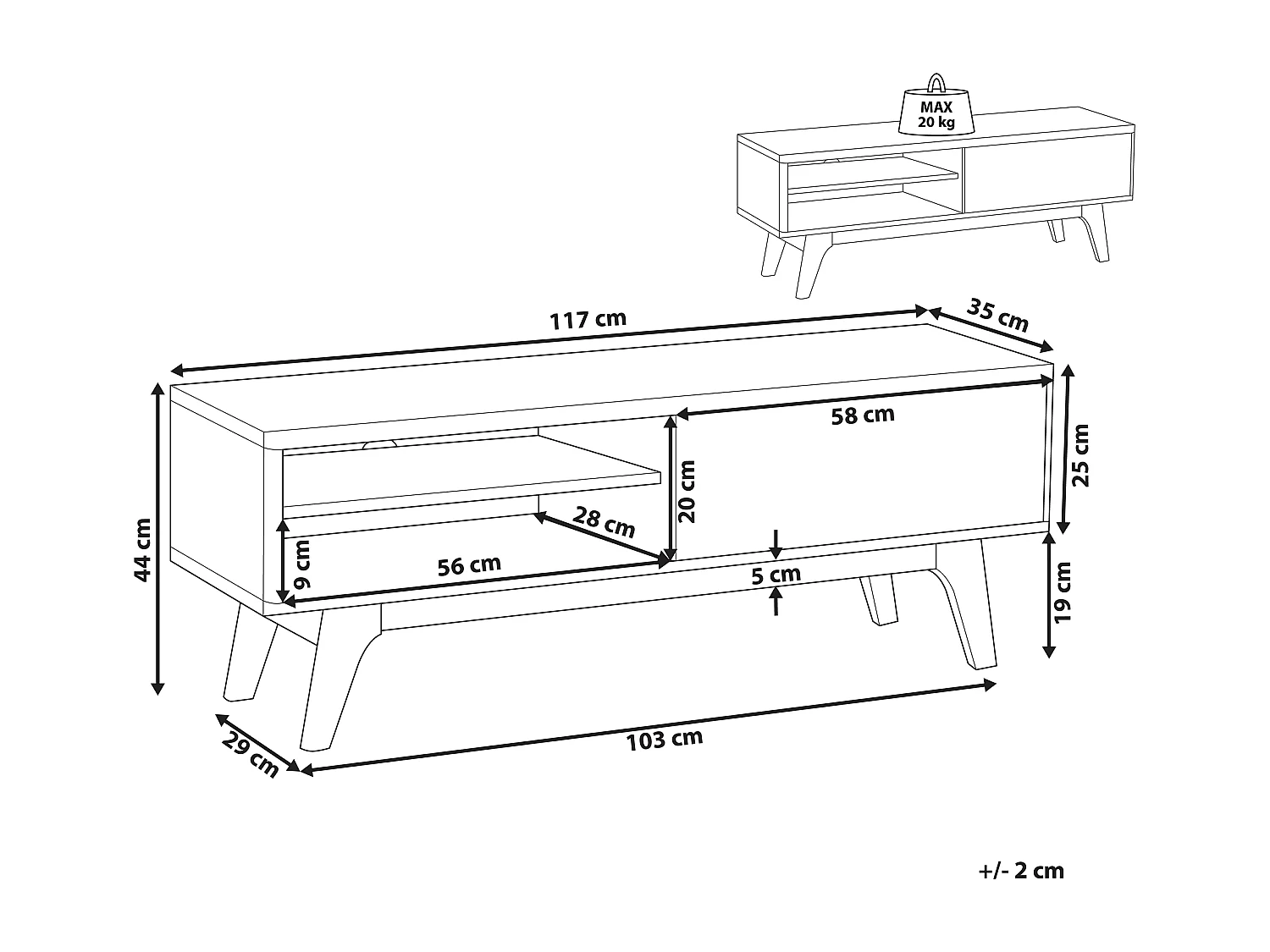 Fernsehtisch moderner Stil 2 Fächer MDF-Platte dunkler Holzfarbton/weiß Buffalo