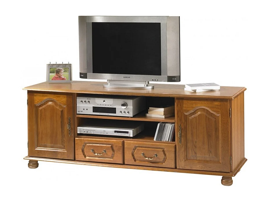 Meuble TV 70 Pouces Chêne 2 Portes 2 Tiroirs 6 Niches L 158.8 H 60.3 P 46 cm