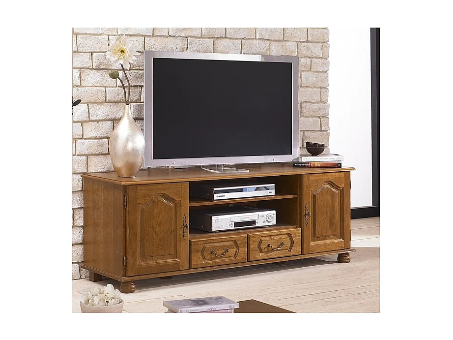 Meuble TV 70 Pouces Chêne 2 Portes 2 Tiroirs 6 Niches L 158.8 H 60.3 P 46 cm