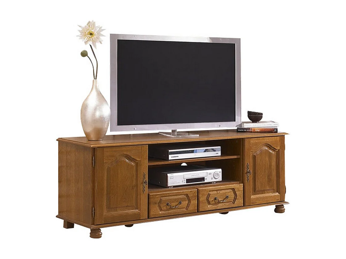 Meuble TV 70 Pouces Chêne 2 Portes 2 Tiroirs 6 Niches L 158.8 H 60.3 P 46 cm