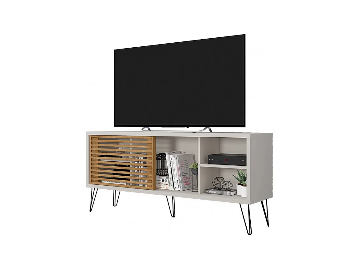 Meuble TV 55 Pouces Pieds Métal Blanc Ecru Chêne L 136 H 62 P 36 cm