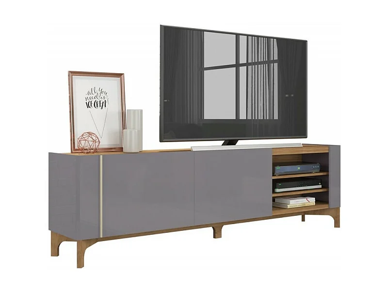Meuble TV 72 Pouces Gris et Chêne 2 Portes Coulis. 5 Niches L 203 H 59.5 P 40 cm