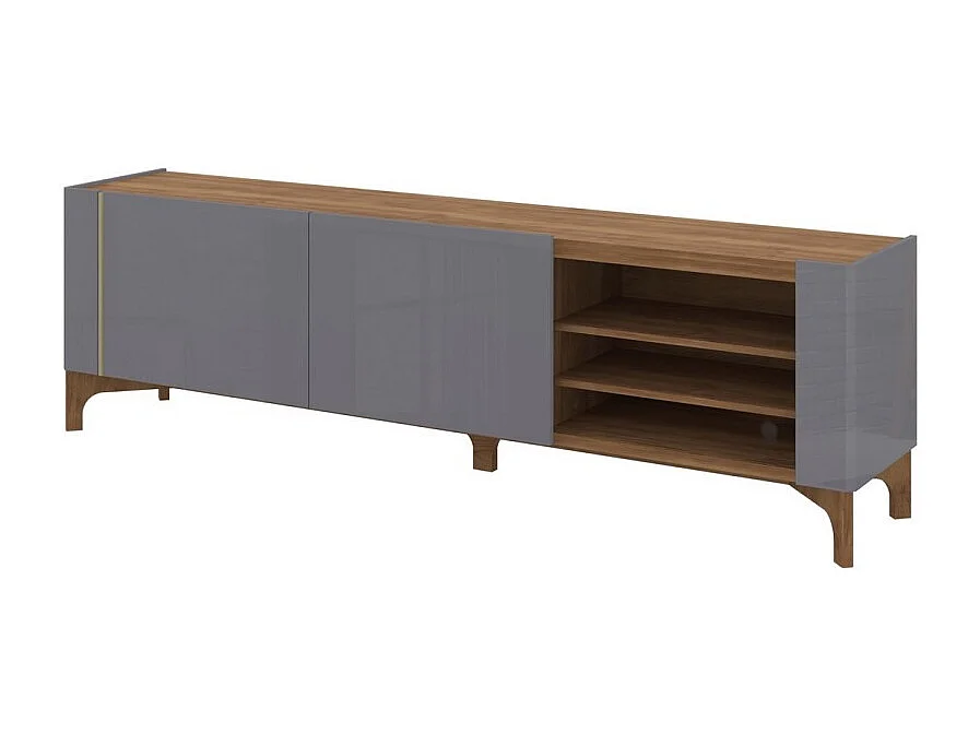 Meuble TV 72 Pouces Gris et Chêne 2 Portes Coulis. 5 Niches L 203 H 59.5 P 40 cm