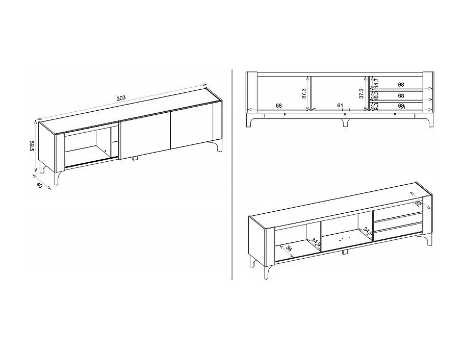 Meuble TV 72 Pouces Gris et Chêne 2 Portes Coulis. 5 Niches L 203 H 59.5 P 40 cm