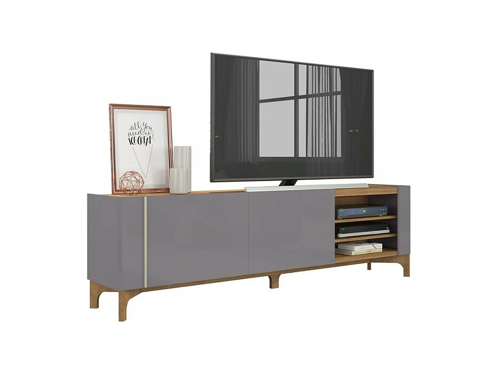 Meuble TV 72 Pouces Gris et Chêne 2 Portes Coulis. 5 Niches L 203 H 59.5 P 40 cm