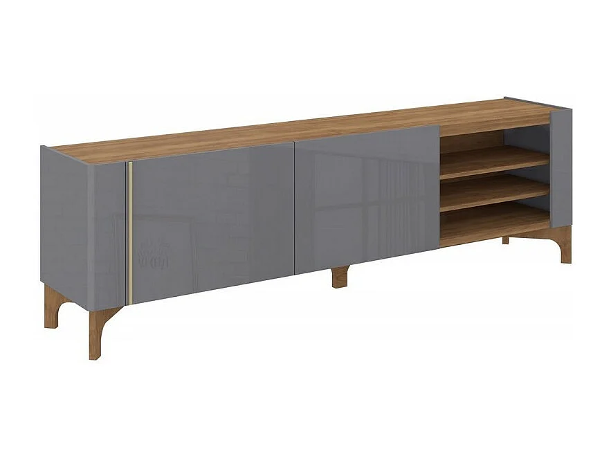 Meuble TV 72 Pouces Gris et Chêne 2 Portes Coulis. 5 Niches L 203 H 59.5 P 40 cm