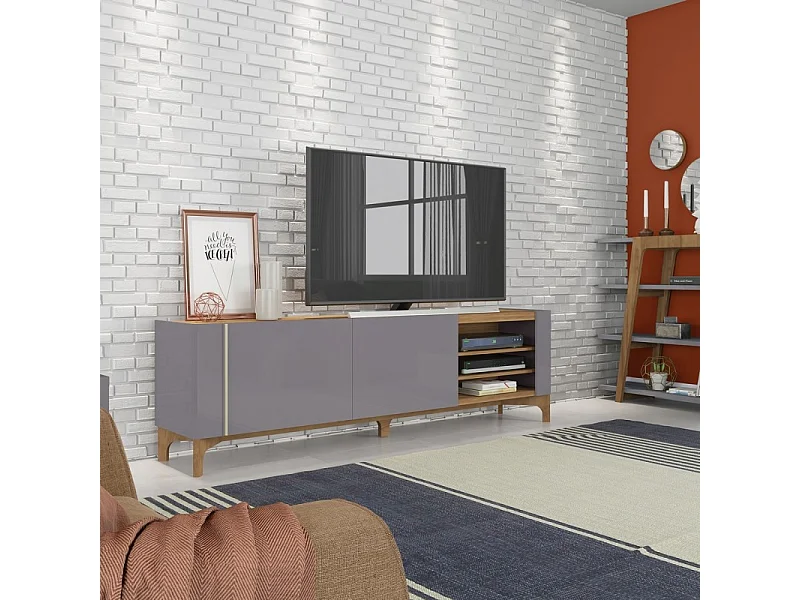 Meuble TV 72 Pouces Gris et Chêne 2 Portes Coulis. 5 Niches L 203 H 59.5 P 40 cm