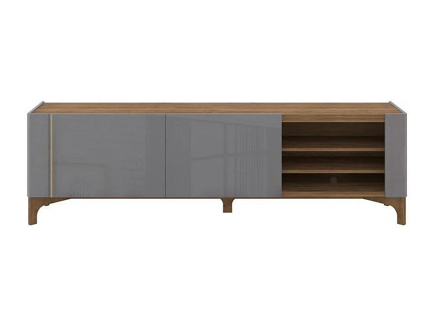 Meuble TV 72 Pouces Gris et Chêne 2 Portes Coulis. 5 Niches L 203 H 59.5 P 40 cm