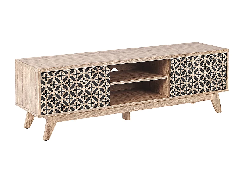 TV-Möbel heller Holzfarbton shwarzes geometrisches Muster Retro-Stil Prescot