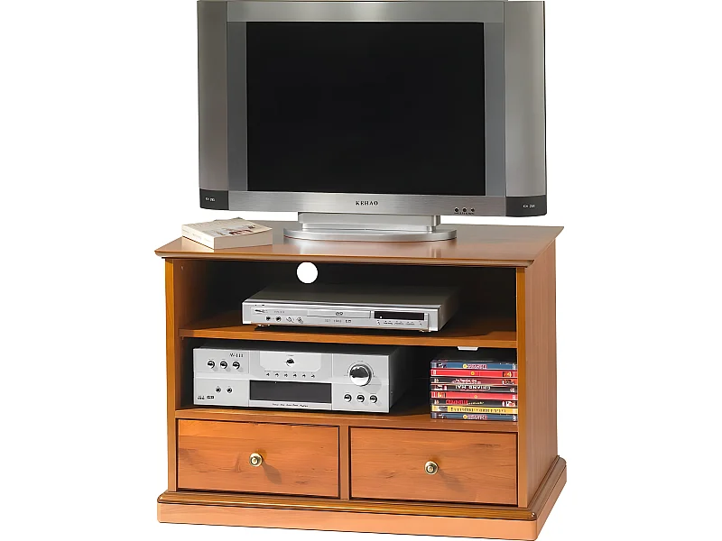 Meuble TV Merisier 2 Tiroirs Roulettes