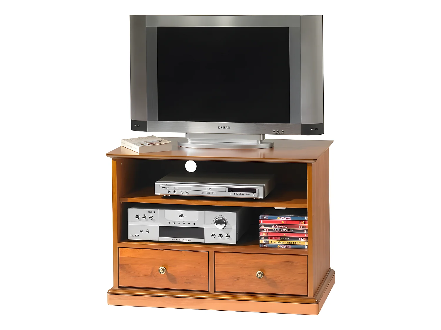 Meuble TV Merisier 2 Tiroirs Roulettes