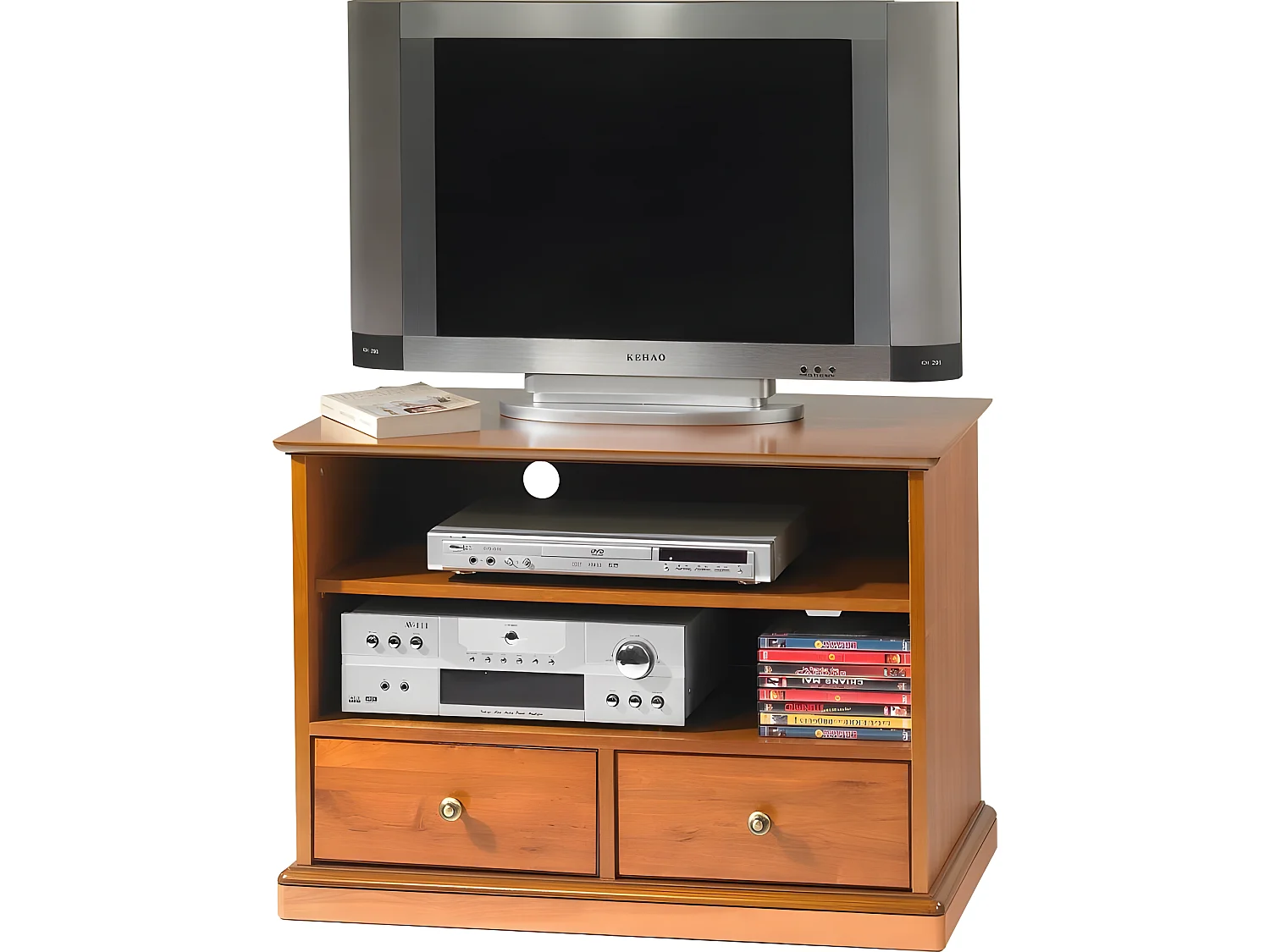 Meuble TV Merisier 2 Tiroirs Roulettes