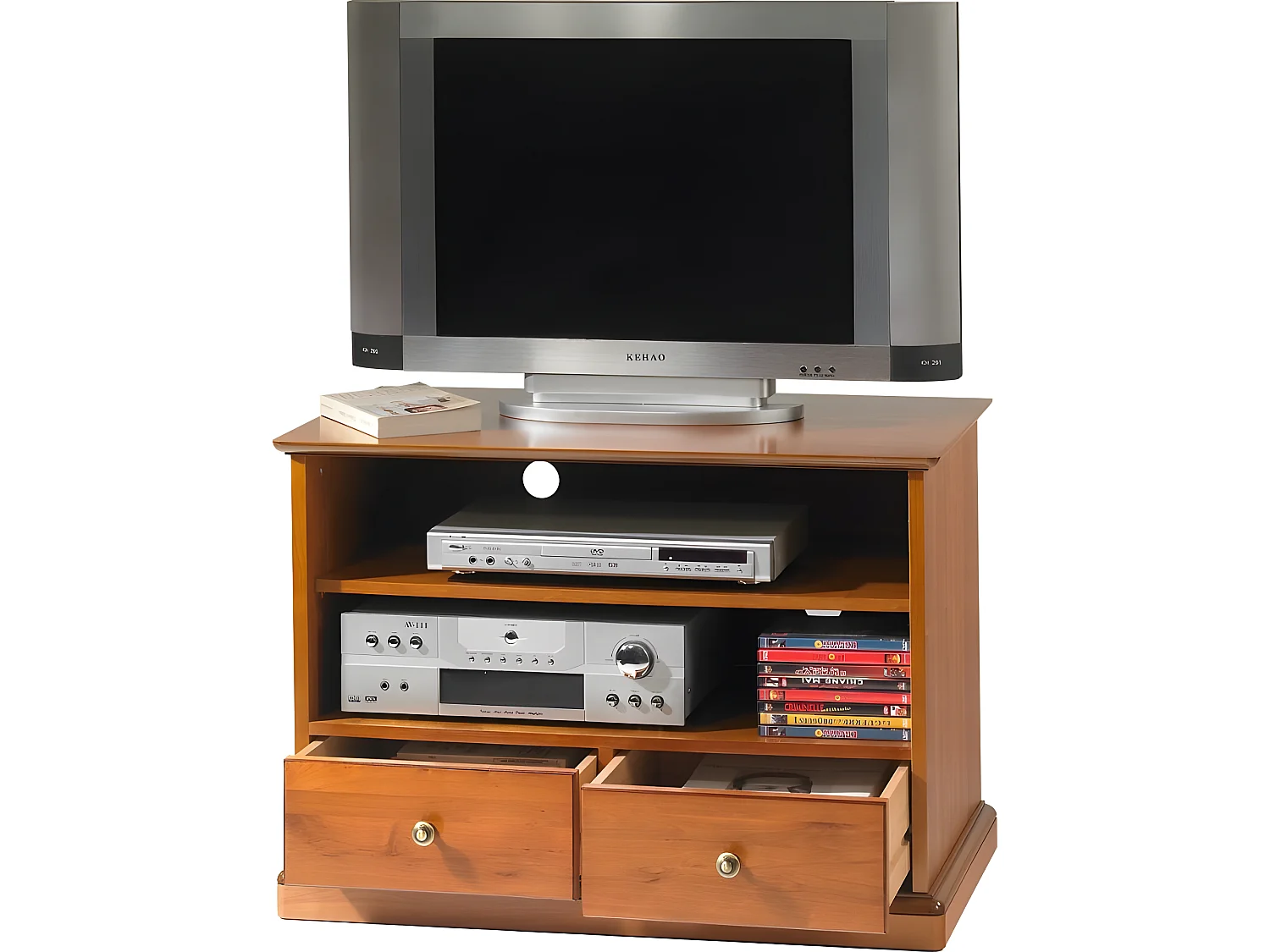 Meuble TV Merisier 2 Tiroirs Roulettes