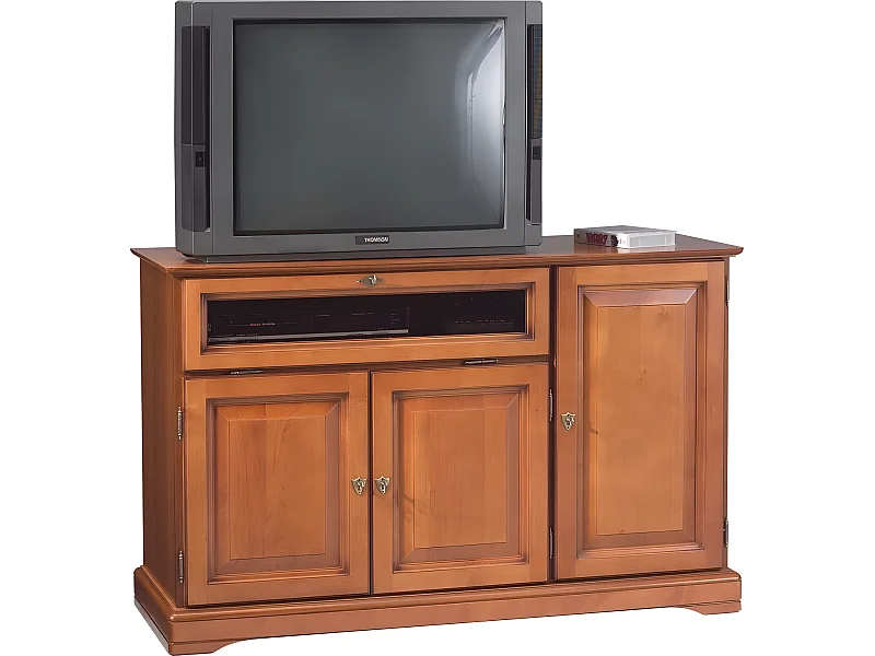 Meuble TV 55 Pouces Merisier 3 Portes 1 Abattant Vitré