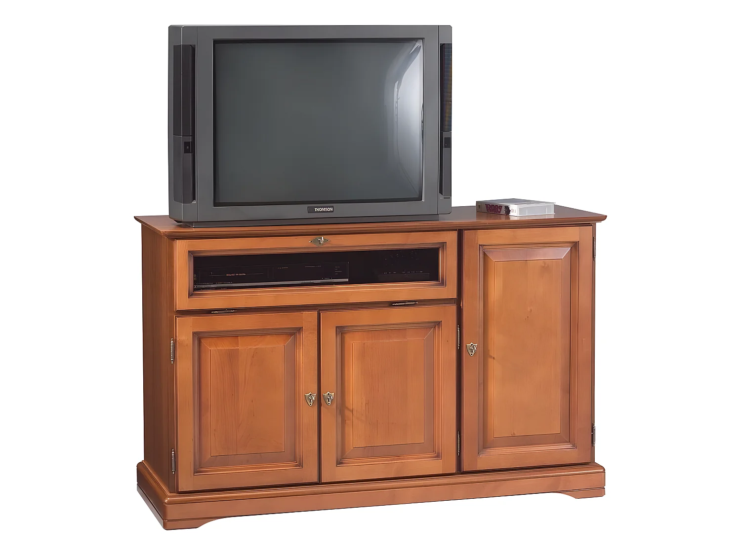 Meuble TV 55 Pouces Merisier 3 Portes 1 Abattant Vitré