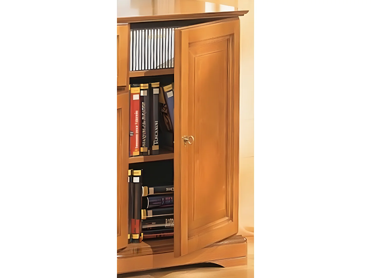 Meuble TV 55 Pouces Merisier 3 Portes 1 Abattant Vitré