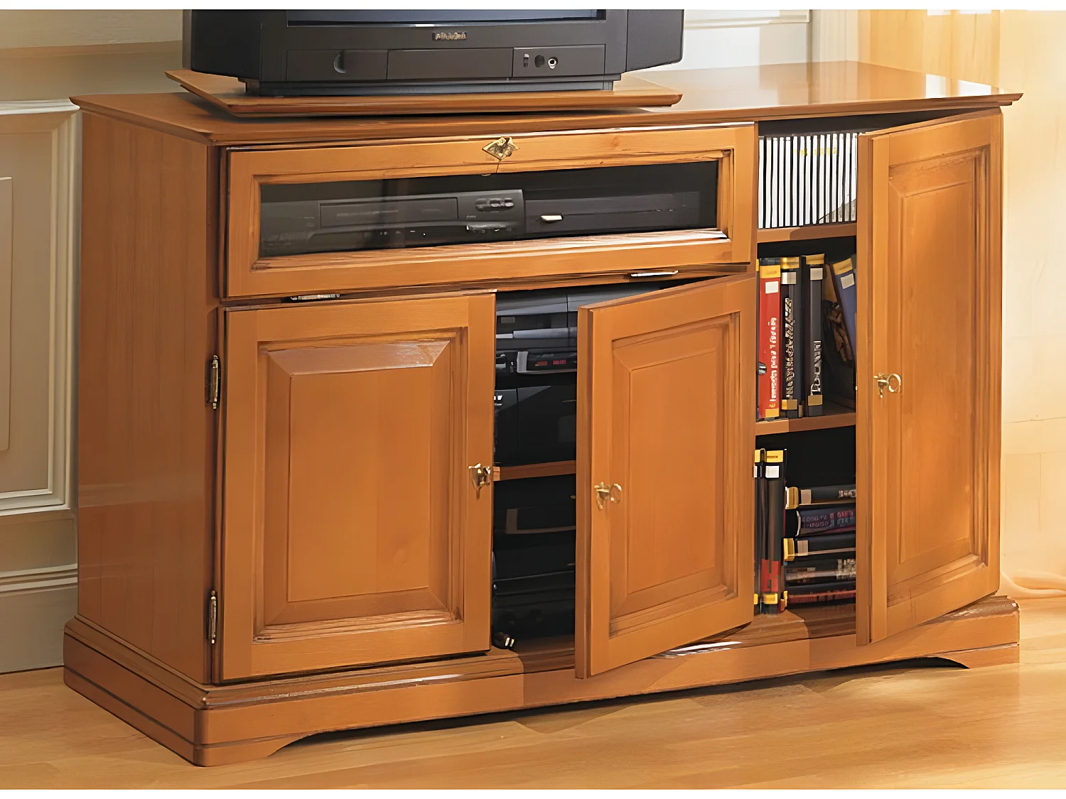 Meuble TV 55 Pouces Merisier 3 Portes 1 Abattant Vitré