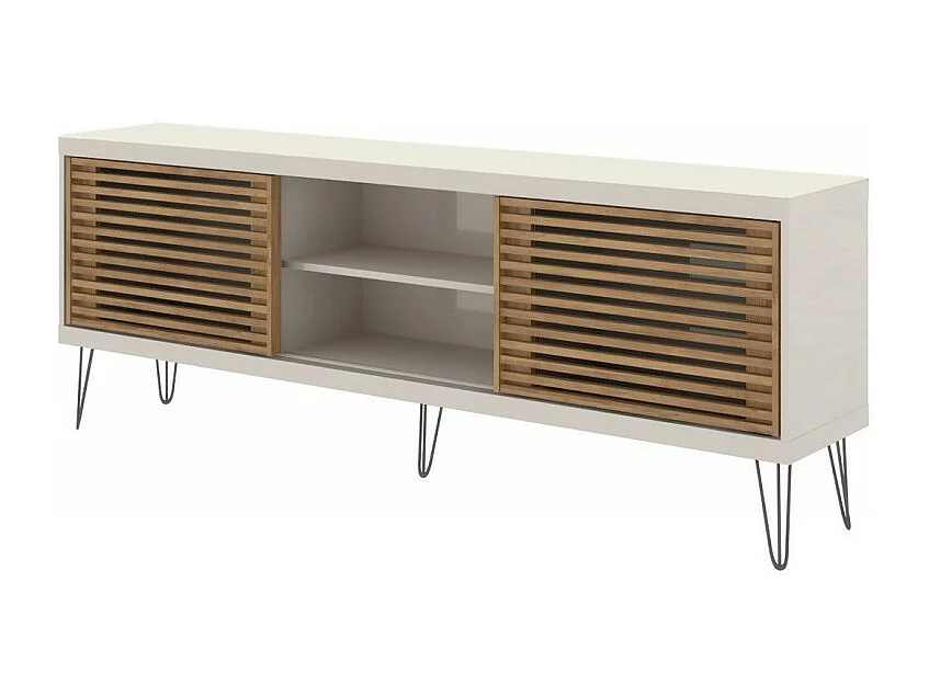 Meuble TV 72 Pouces Blanc et Chêne 4 Niches 2 Portes Coulis. L 180 H 65 P 33 cm