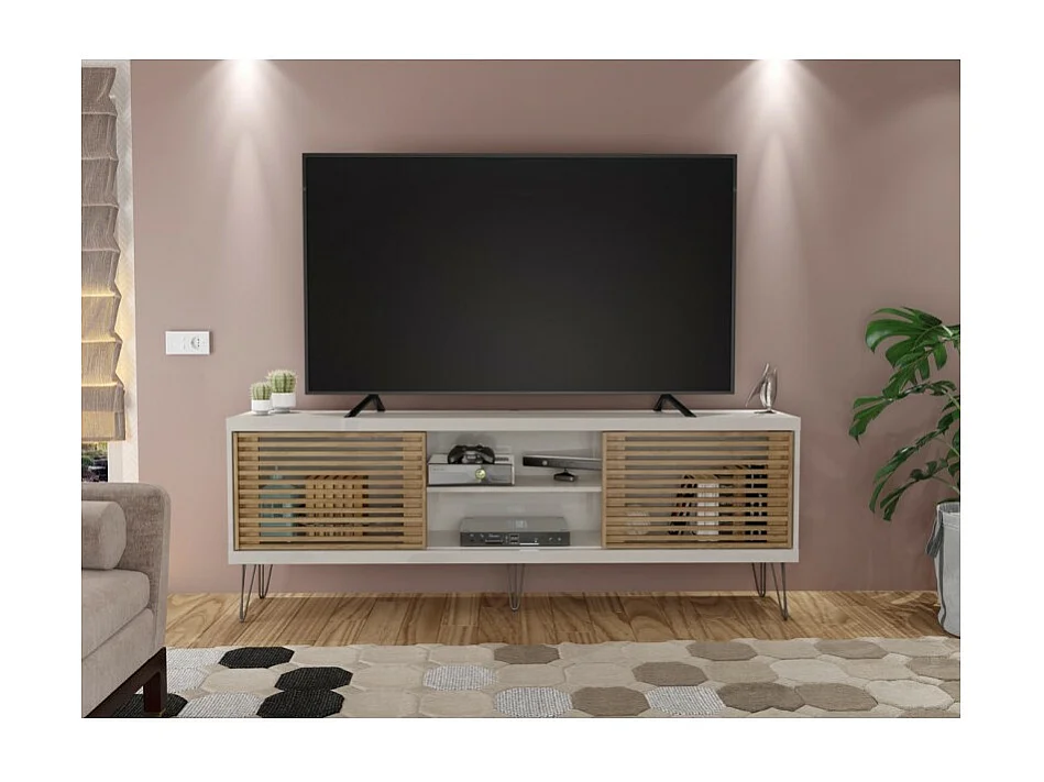 Meuble TV 72 Pouces Blanc et Chêne 4 Niches 2 Portes Coulis. L 180 H 65 P 33 cm