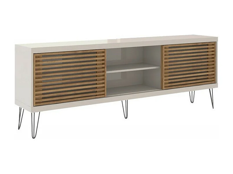 Meuble TV 72 Pouces Blanc et Chêne 4 Niches 2 Portes Coulis. L 180 H 65 P 33 cm