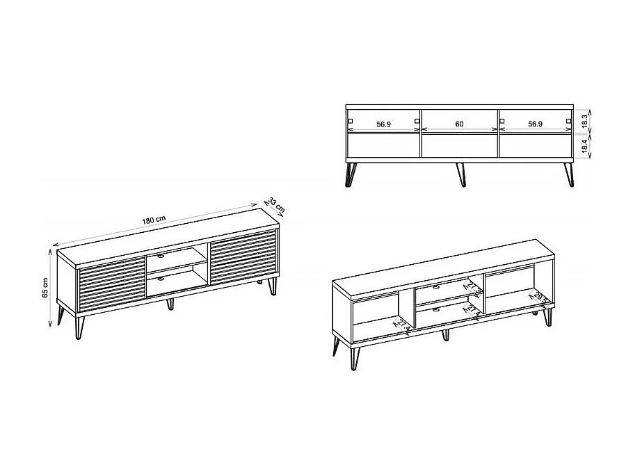 Meuble TV 72 Pouces Blanc et Chêne 4 Niches 2 Portes Coulis. L 180 H 65 P 33 cm
