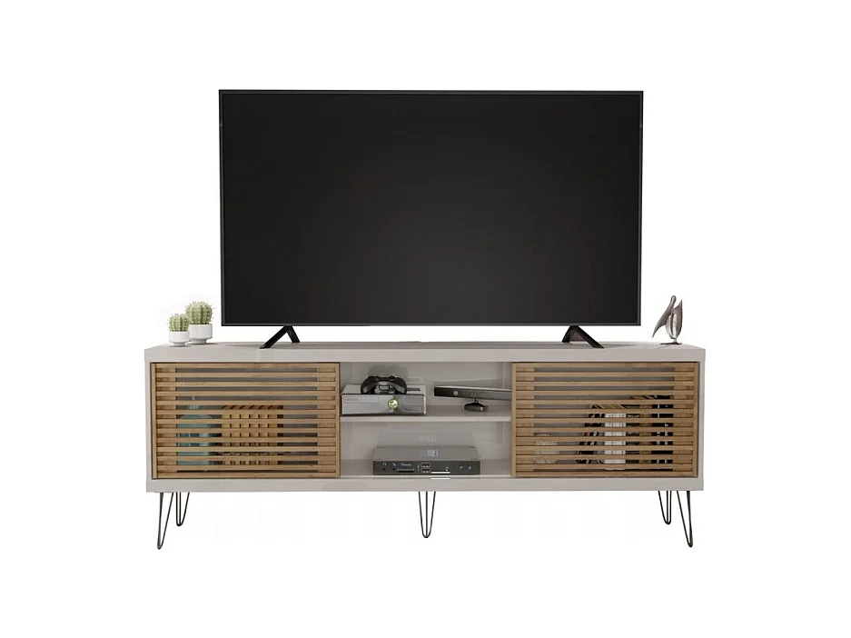 Meuble TV 72 Pouces Blanc et Chêne 4 Niches 2 Portes Coulis. L 180 H 65 P 33 cm