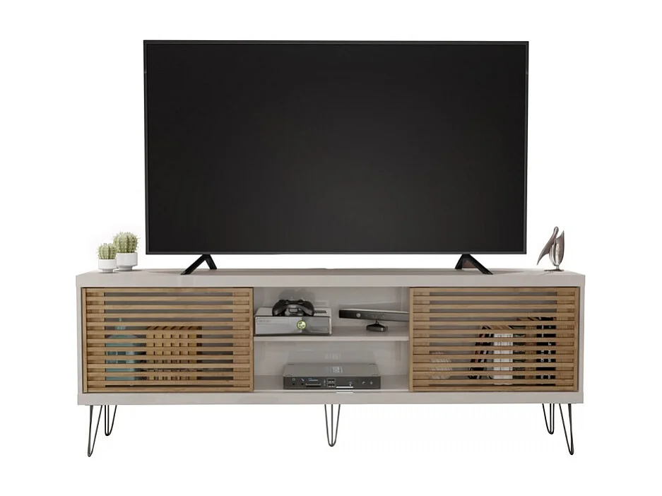 Meuble TV 72 Pouces Blanc et Chêne 4 Niches 2 Portes Coulis. L 180 H 65 P 33 cm