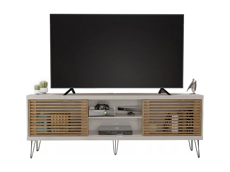 Meuble TV 72 Pouces Blanc et Chêne 4 Niches 2 Portes Coulis. L 180 H 65 P 33 cm