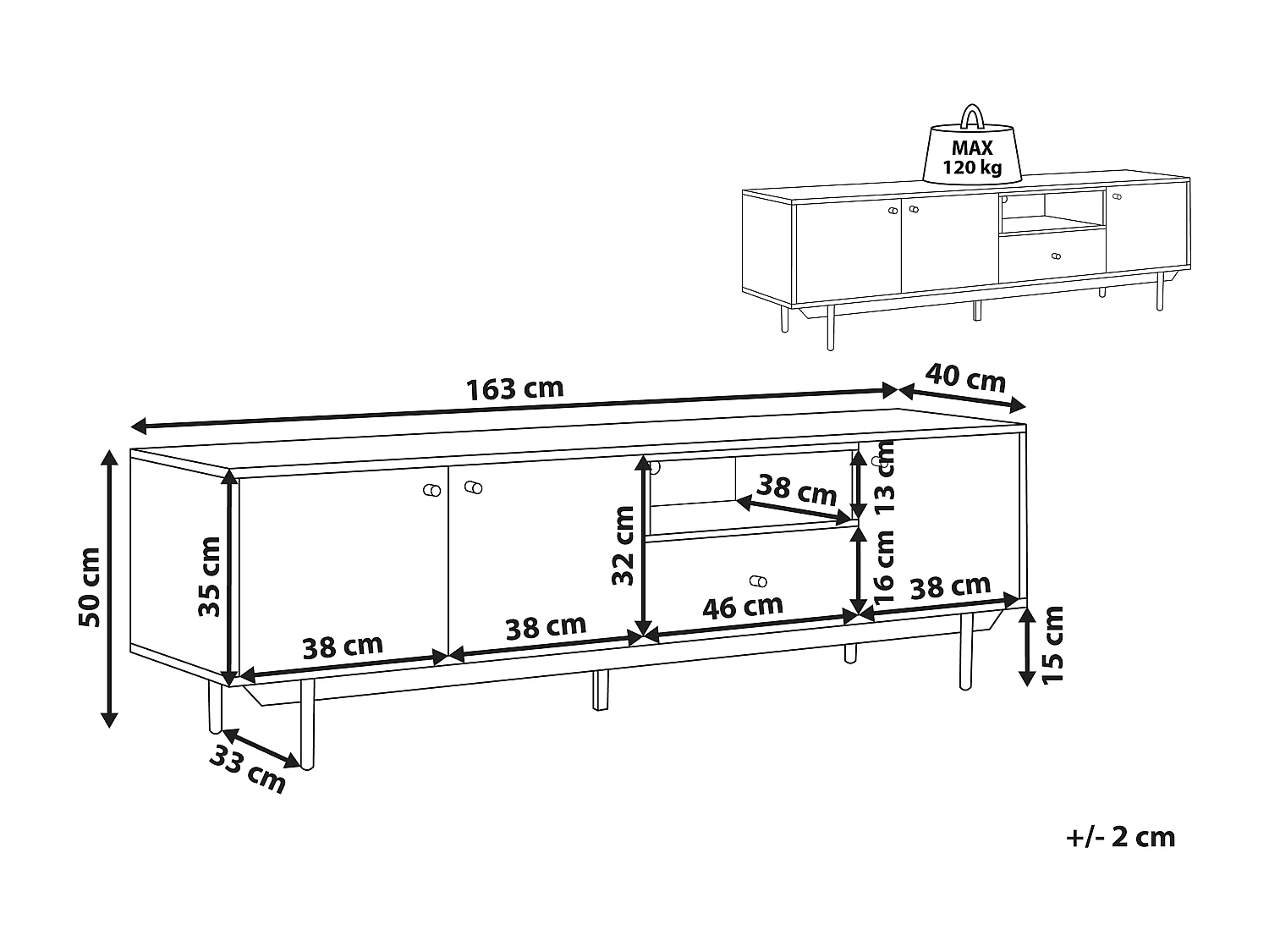 TV-Möbel weiß hellbraun Holzoptik Schublade 3 Türen 1 Fach Retro Stil Itaca