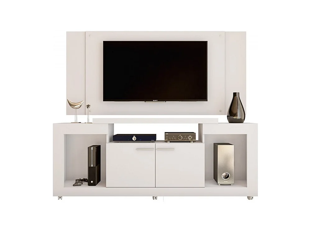 Meuble TV Mural 55 Pouces Blanc 5 Niches Roulettes L 173 H 160.5 P 38.5 cm
